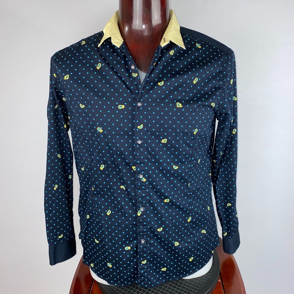 Moderno Blue Aqua Polka Dot Printed Button Down Shirt XL